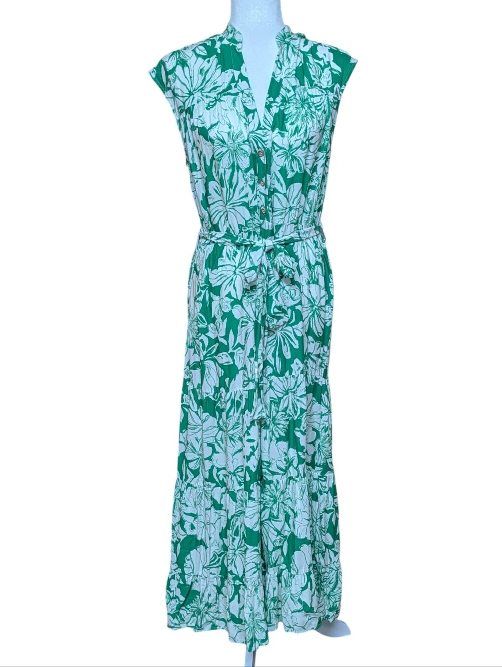 Zara Green and White Print Midi Belted Dress Size Small